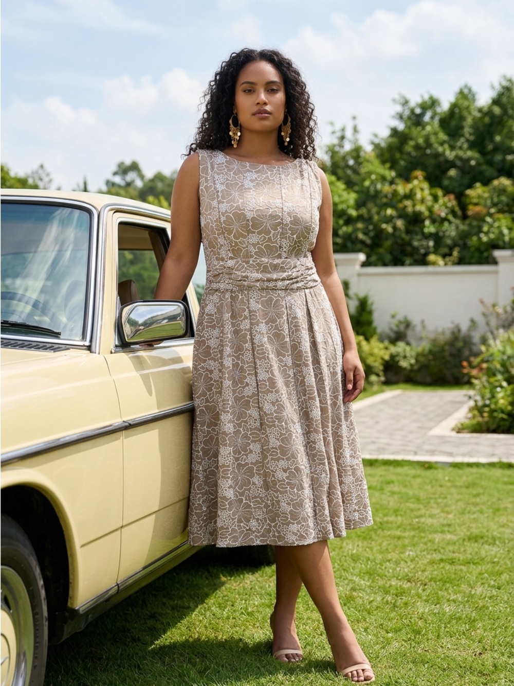 Perceptions Beige Floral Lace Sleeveless Fit-and-Flare Dress